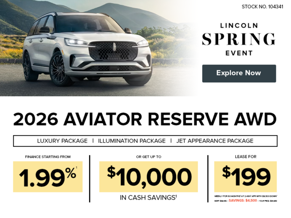 Lease a 2026 Lincoln Aviator Reserve AWD for $199 Weekly*