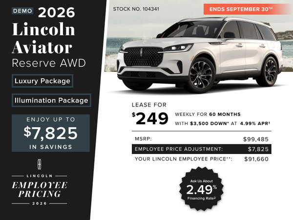 Lease a 2026 Lincoln Aviator Reserve AWD for $249 weekly*