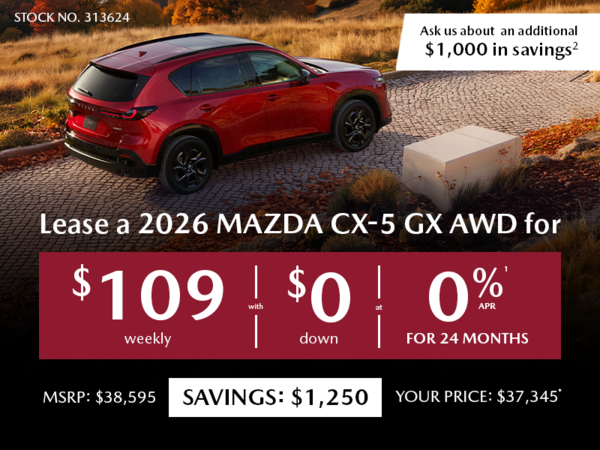 Lease a 2026 Mazda CX-5 GX AWD for $109 per week*