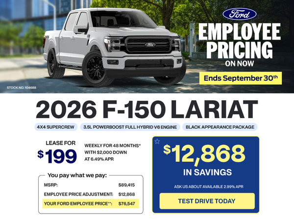 Lease a 2026 Ford F-150 Lariat Hybrid Black Appearance for $199 weekly*
