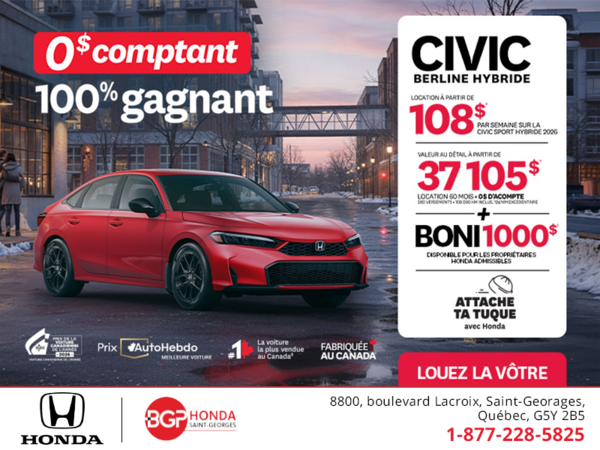 Obtenez le Honda Civic Berline Hybride 2026 !