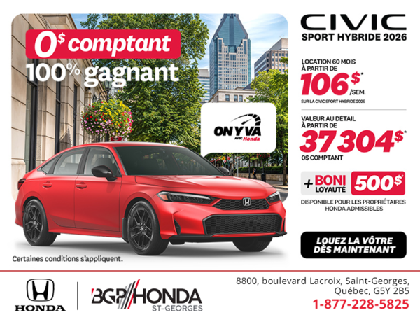 Obtenez la Honda Civic Berline Hybride 2026 !