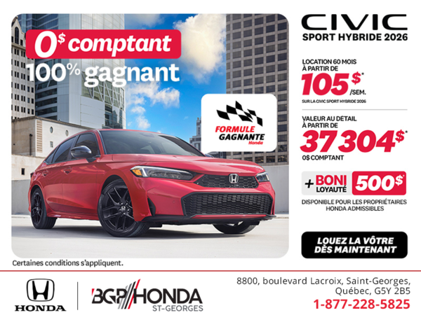 Obtenez la Honda Civic Berline Hybride 2026 !