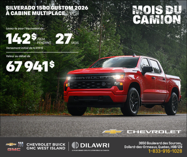 Procurez-vous le Chevrolet Silverado 1500 Custom 2026 à Cabine Multiplace