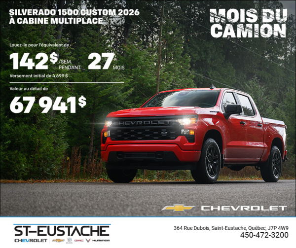 Procurez-vous le Chevrolet Silverado 1500 Custom 2026 à Cabine Multiplace