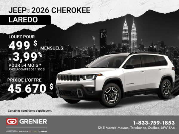Conduisez un Jeep Cherokee Laredo 2026!
