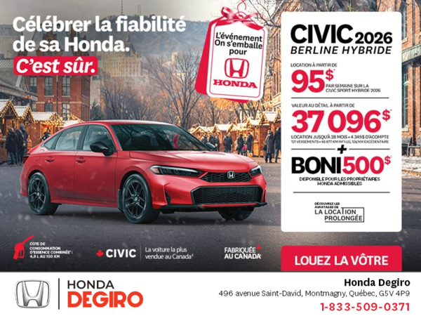 Obtenez le Honda Civic Berline Hybride 2026 !