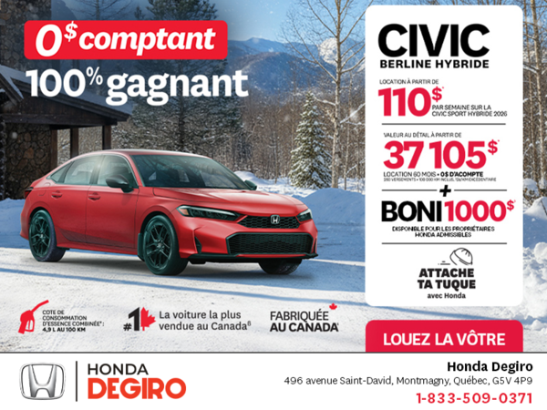 Obtenez le Honda Civic Berline Hybride 2026 !