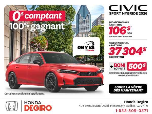 Obtenez la Honda Civic Berline Hybride 2026 !