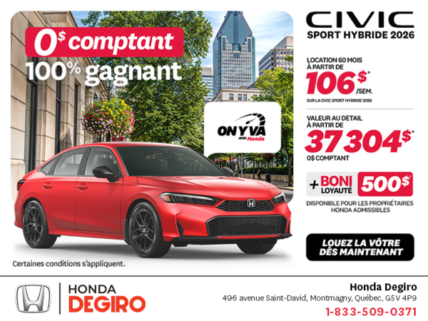 Obtenez la Honda Civic Berline Hybride 2026 !