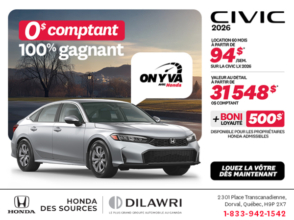 Obtenez la Honda Civic Berline 2026 !