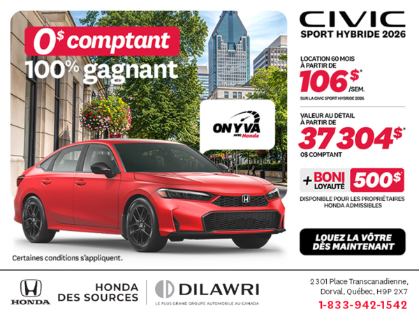 Obtenez la Honda Civic Berline Hybride 2026 !