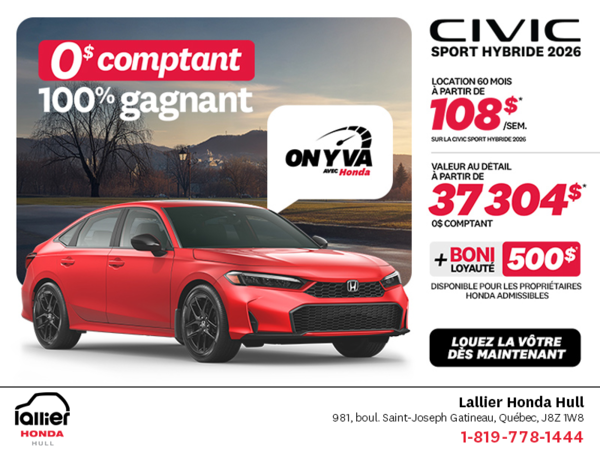 Obtenez la Honda Civic Berline Hybride 2026 !