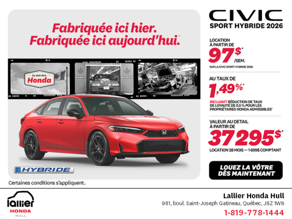 Obtenez la Honda Civic Berline Hybride 2026 !