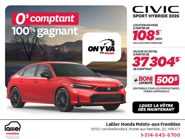 Obtenez la Honda Civic Berline Hybride 2026 !