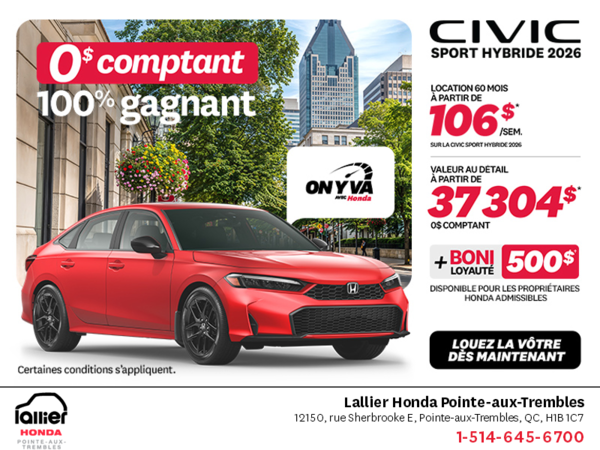 Obtenez la Honda Civic Berline Hybride 2026 !