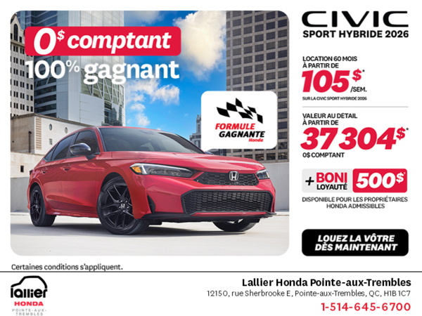 Obtenez la Honda Civic Berline Hybride 2026 !