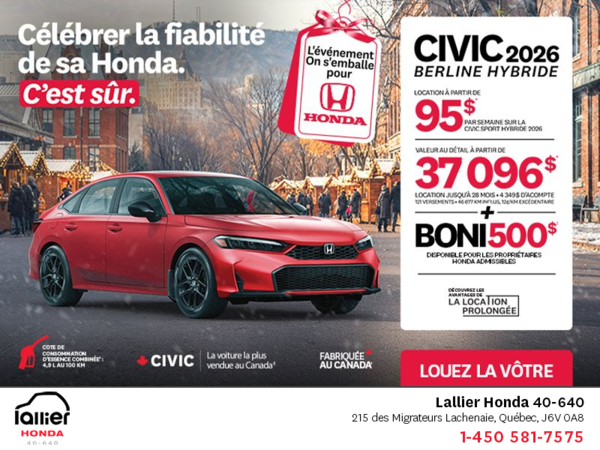 Obtenez le Honda Civic Sedan Hybride 2026 !