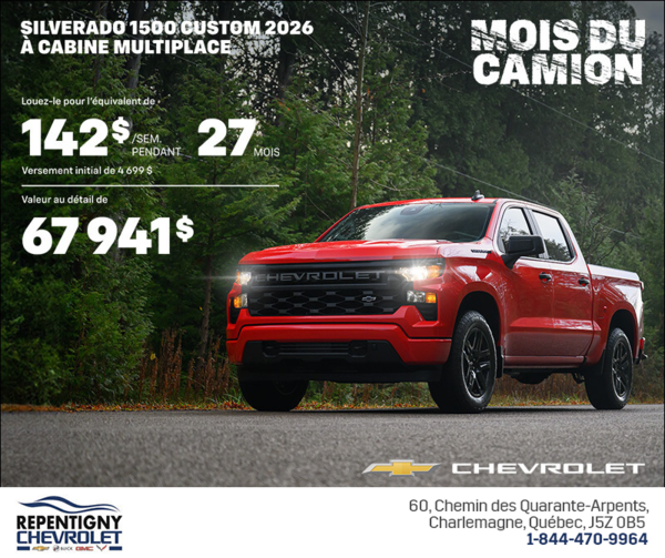 Procurez-vous le Chevrolet Silverado 1500 Custom 2026 à Cabine Multiplace