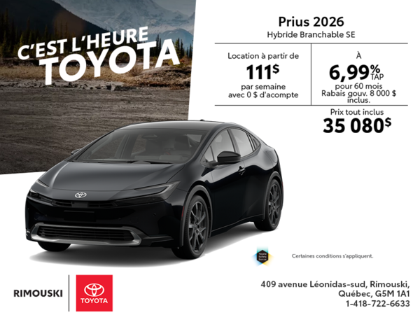 Toyota Prius Hybride Branchable SE 2026