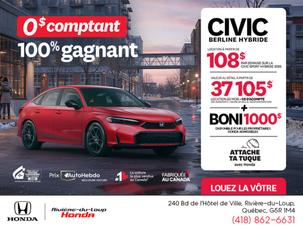 Obtenez le Honda Civic Berline Hybride 2026 !