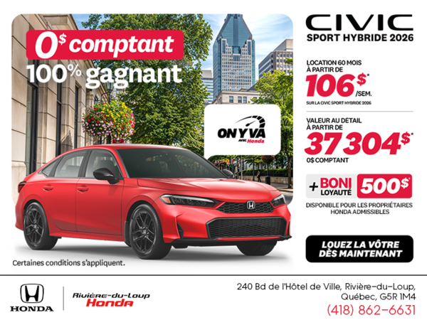Obtenez la Honda Civic Berline Hybride 2026 !