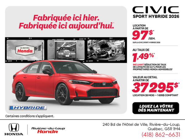 Obtenez la Honda Civic Berline Hybride 2026 !