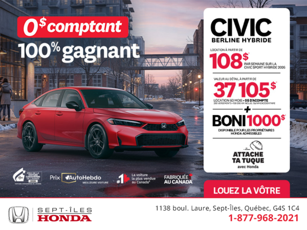 Obtenez le Honda Civic Berline Hybride 2026 !