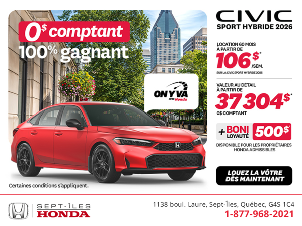 Obtenez la Honda Civic Berline Hybride 2026 !