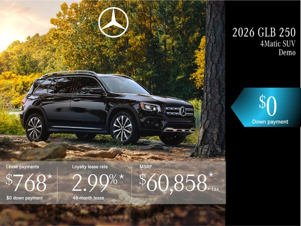 Lease the 2026 GLB 250 4MATIC SUV from $768/month + tax.