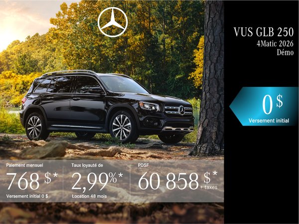 VUS GLB 250 4MATIC 2026 en location à partir de 768 $/mois + taxes.