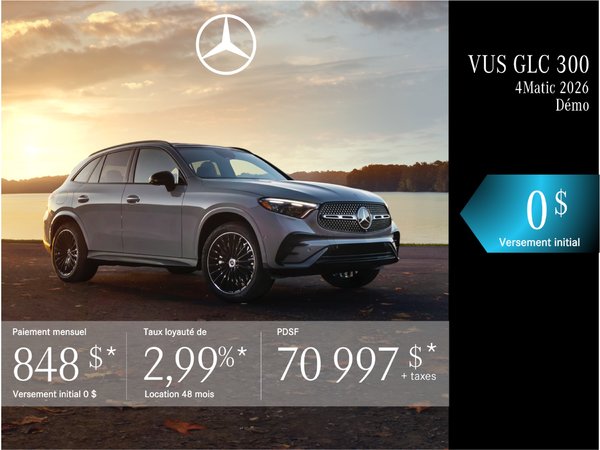VUS GLC 300 4MATIC 2026 en location à partir de 848 $/mois + taxes.