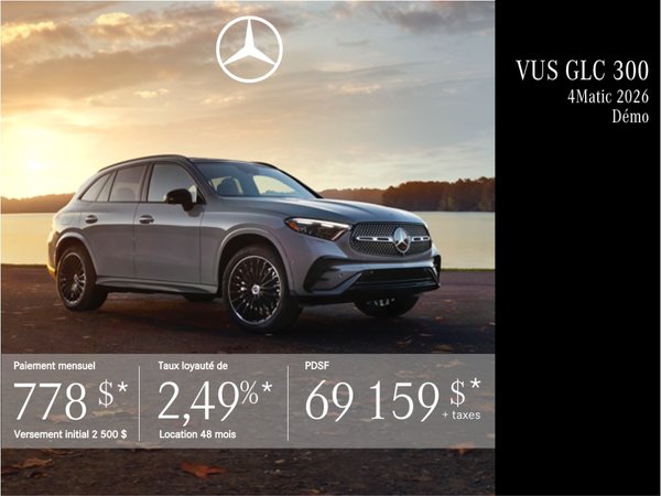 VUS GLC 300 4MATIC 2026 en location à partir de 778 $/mois + taxes.