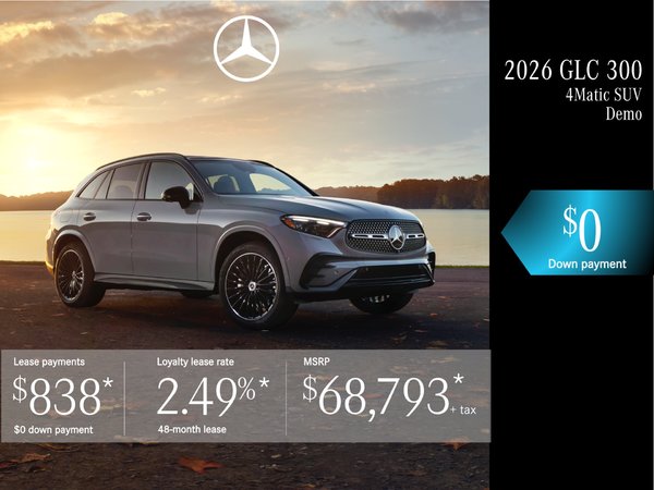 Lease the 2026 GLC 300 4MATIC SUV from $838/month + tax.