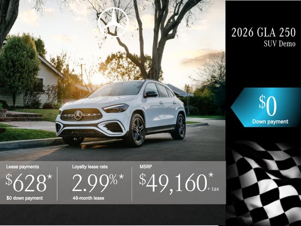 Lease the 2026 GLA 250 SUV from $628/month + tax.
