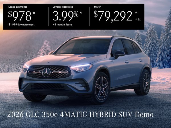 Lease the 2026 GLC 350e 4MATIC HYBRID SUV from $978/per month + tax*.