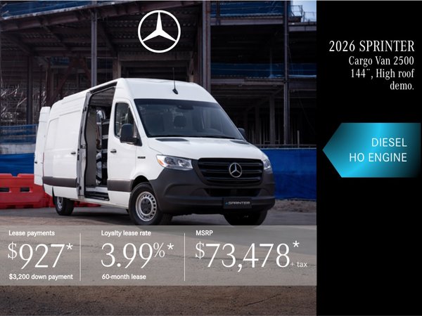 Lease the 2026 SPRINTER CARGO VAN HIGH ROOF HO 144¨ DIESEL – 60 months from $927/month + tax*