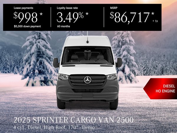 Lease the 2025 SPRINTER CARGO VAN DIESEL – 60 months from $998/month + tax*