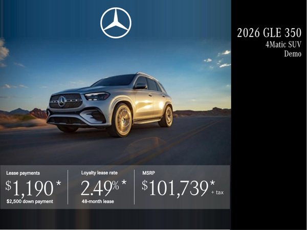 Lease the 2026 GLE 350 4MATIC SUV from $1,190/per month + tax.