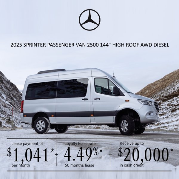 2025 Sprinter Passenger Van 2500 Diesel – 144¨ High Roof, lease starting at $1,041 per month + tax*