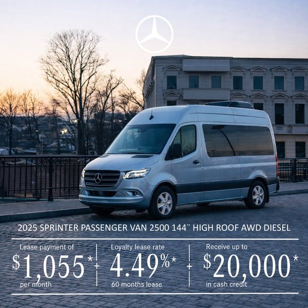 2025 Sprinter Passenger Van 2500 Diesel – 144¨ High Roof, lease starting at $1,055 per month + tax*