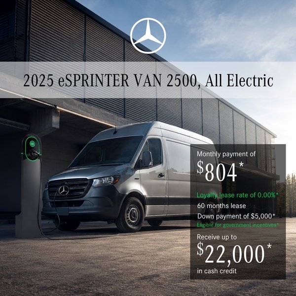 2025 eSprinter Cargo Van 2500 – All-Electric, lease starting at $804 per month + tax*