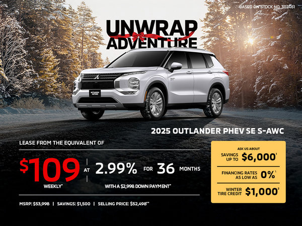 Lease a 2025 Mitsubishi Outlander PHEV SE S-AWC for as low as $109 weekly*