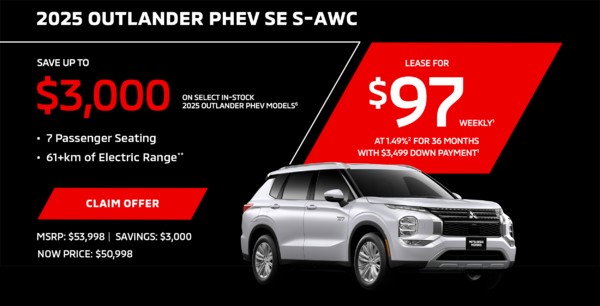 Lease a 2025 Mitsubishi Outlander PHEV SE S-AWC for as low as $97 weekly*
