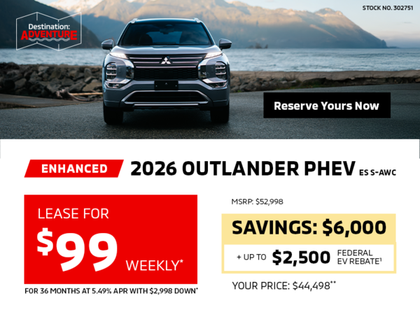 Lease a 2026 Mitsubishi Outlander PHEV ES S-AWC for as low as $99 weekly*