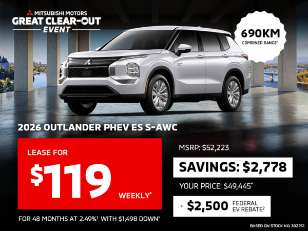 Lease a 2026 Mitsubishi Outlander PHEV ES S-AWC for as low as $119 weekly*