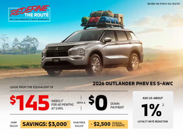 Lease a 2026 Mitsubishi Outlander PHEV ES S-AWC for as low as $145 weekly*