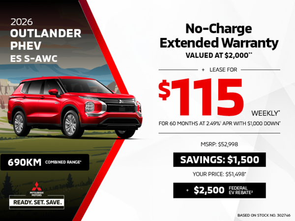 Lease a 2026 Mitsubishi Outlander PHEV ES S-AWC for as low as $115 weekly*