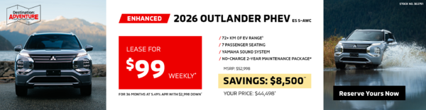 Lease a 2026 Mitsubishi Outlander PHEV ES S-AWC for as low as $99 weekly*