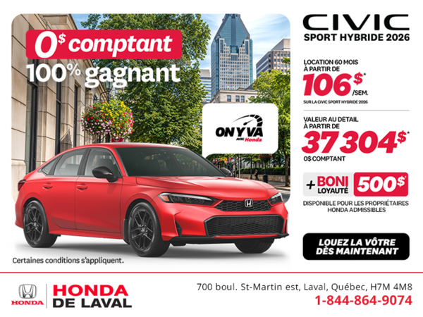 Obtenez la Honda Civic Berline Hybride 2026 !